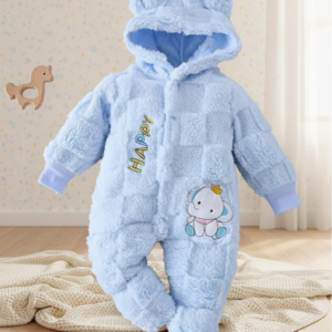 Combinaison Pilote Bébé "Happy Elephant" – Bleue en Peluche Douce