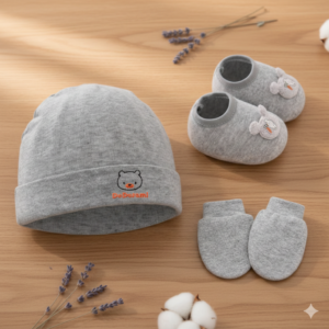 Coffret Naissance "Petit Ours" – Set 3 Pièces (Bonnet, Chaussons et Moufles) - gris