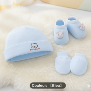 Coffret Naissance "Petit Ours" – Set 3 Pièces (Bonnet, Chaussons et Moufles) - bleu