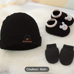 Coffret Naissance "Petit Ours" – Set 3 Pièces (Bonnet, Chaussons et Moufles) - Noir